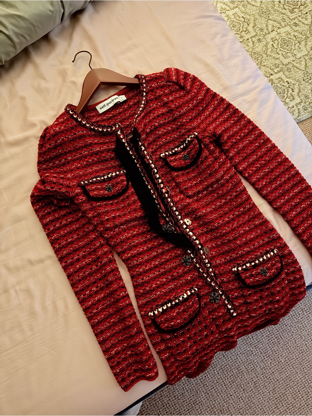 Self-Portrait Red Tweed Chain-Trim Button Cardigan